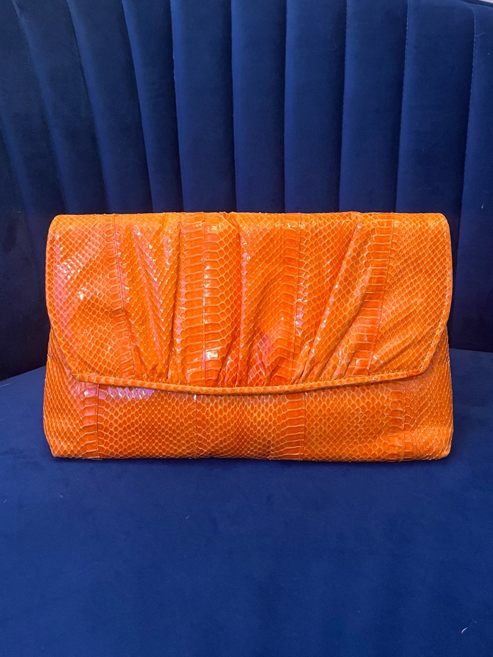 Vintage Genuine Snakeskin Bag - Bright Orange Exotic Leather Clutch - Y2K - Picture 5 of 13